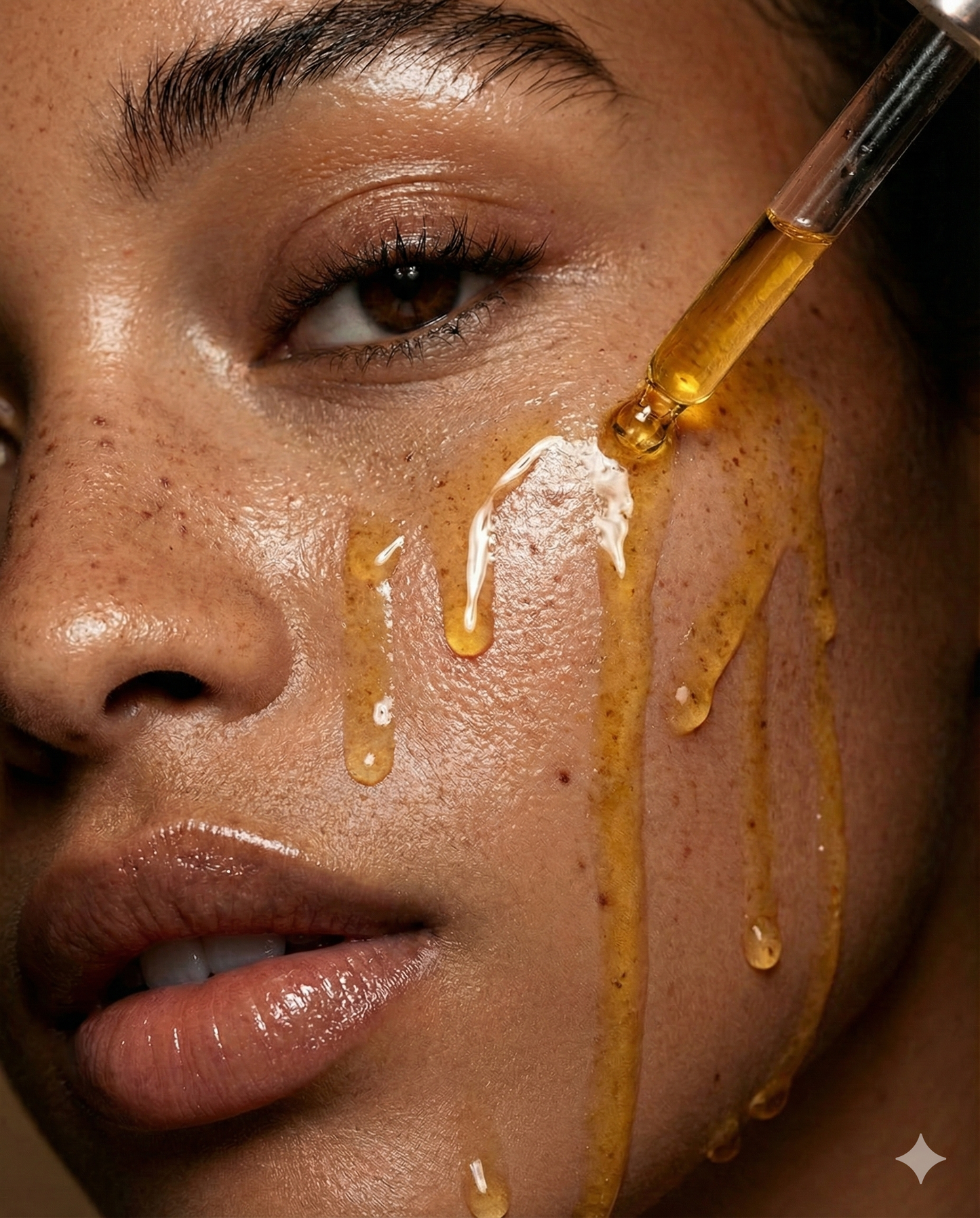 Close-up of a person's face with a dropper applying a yellow liquid to their skin.