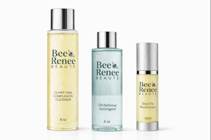 Three bottles of Bee Renee Beaute skincare products on a white background