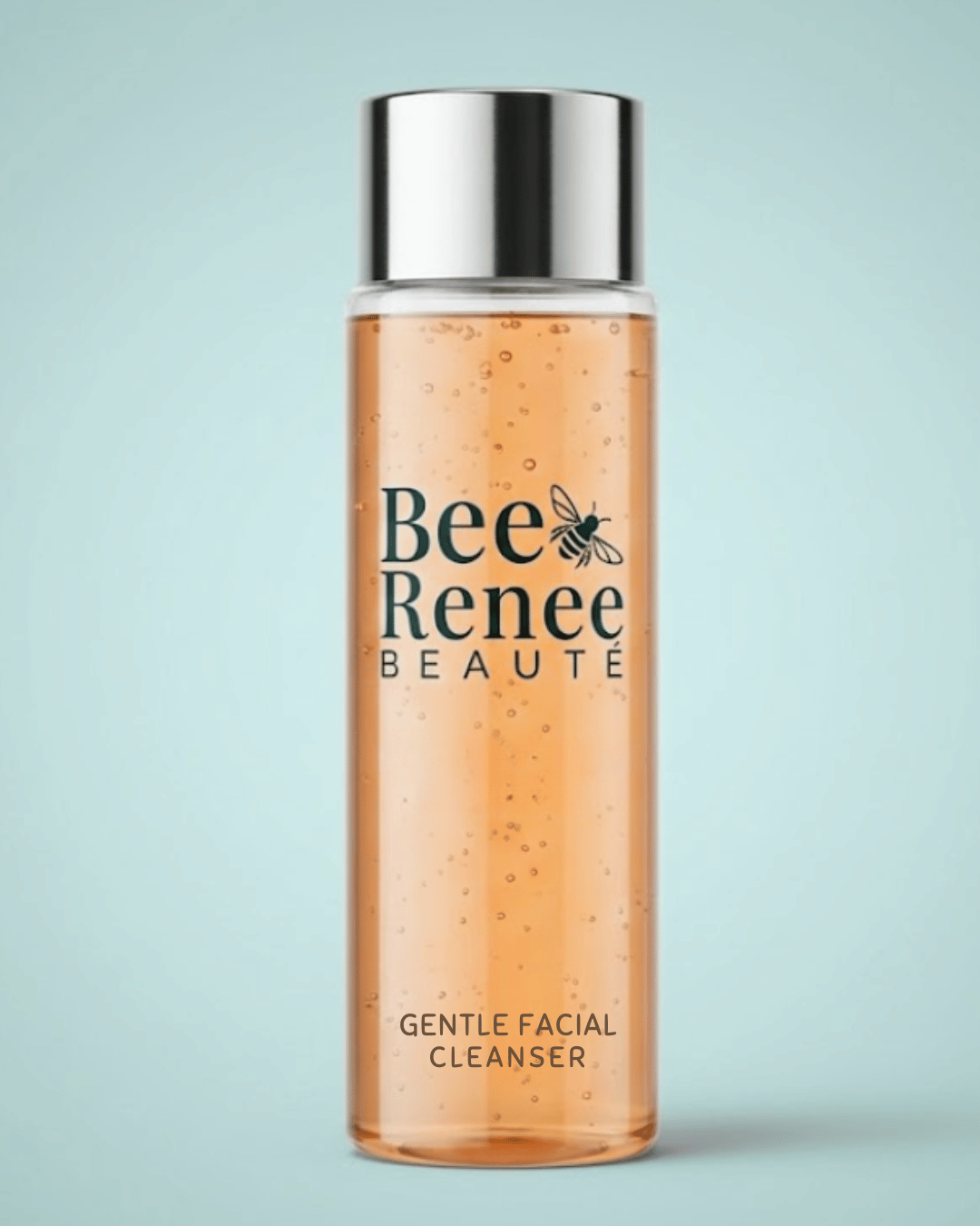 Bottle of Bee Renee Beaute Gentle Facial Cleanser on a light blue background