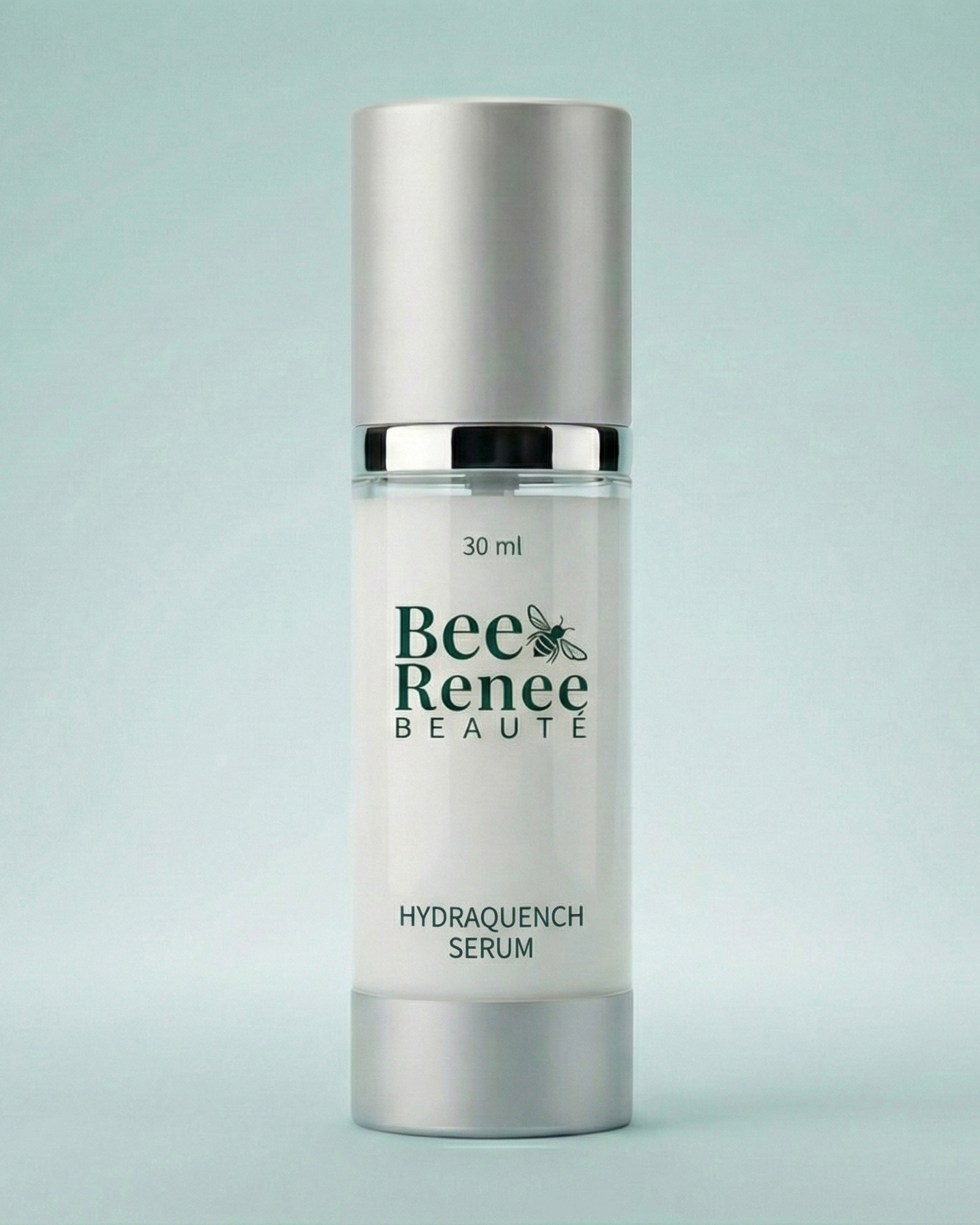 Bottle of Bee Renee Beaute serum on a light gray background