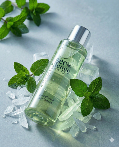 Bottle of Bee Defense skincare product with mint leaves and ice cubes on a light background