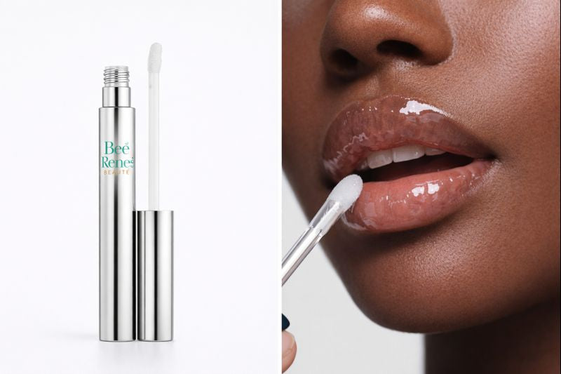 Lip balm with applicator next to a person applying lip balm.