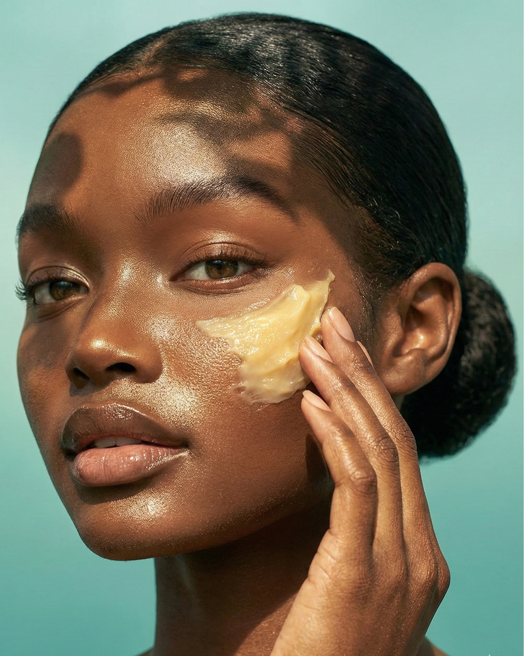 Woman applying cream to her face against a teal background