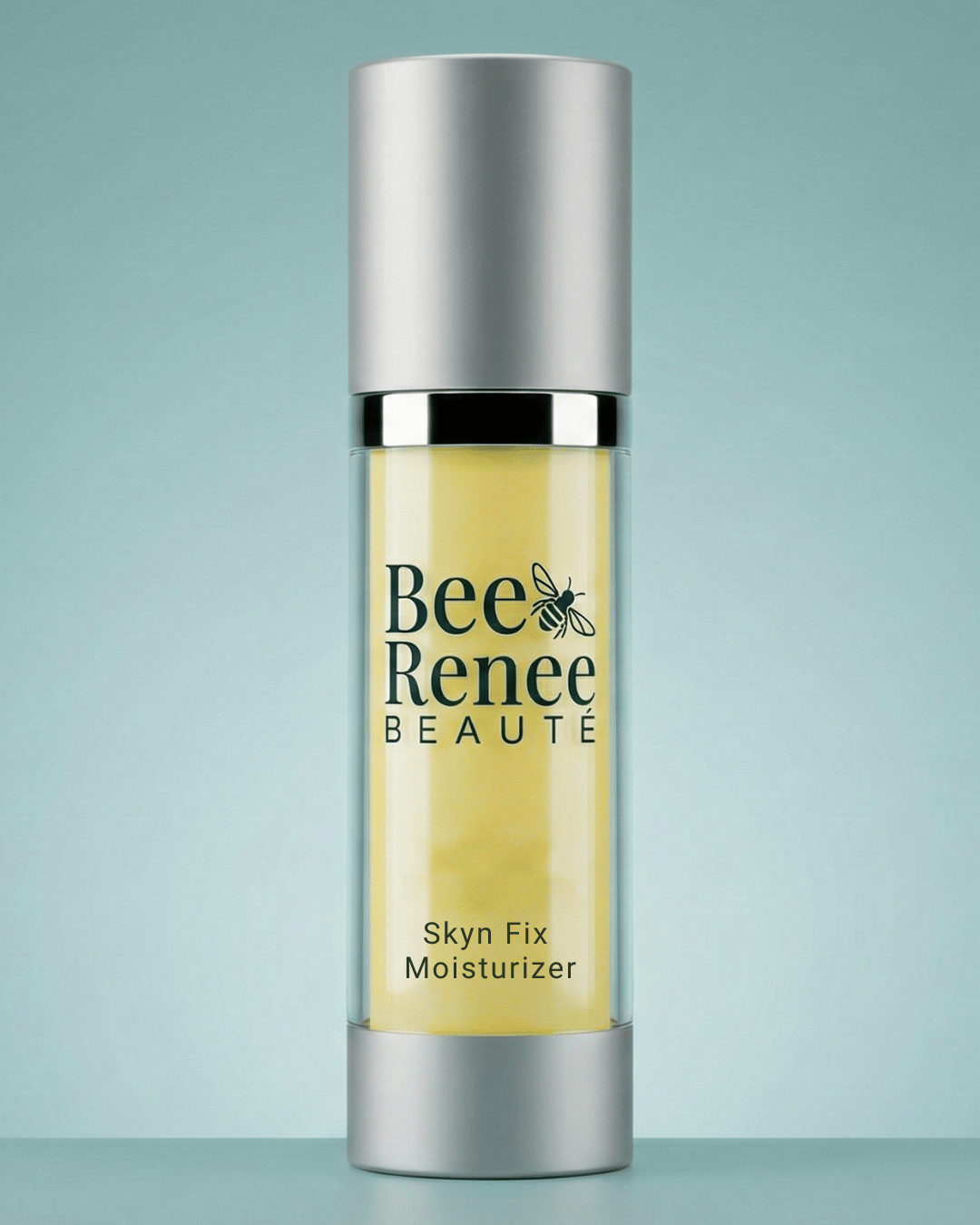 Bottle of Bee Renee Beaute Skyn Fix Moisturizer on a light blue background