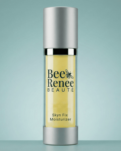 Bottle of Bee Renee Beaute Skyn Fix Moisturizer on a light blue background