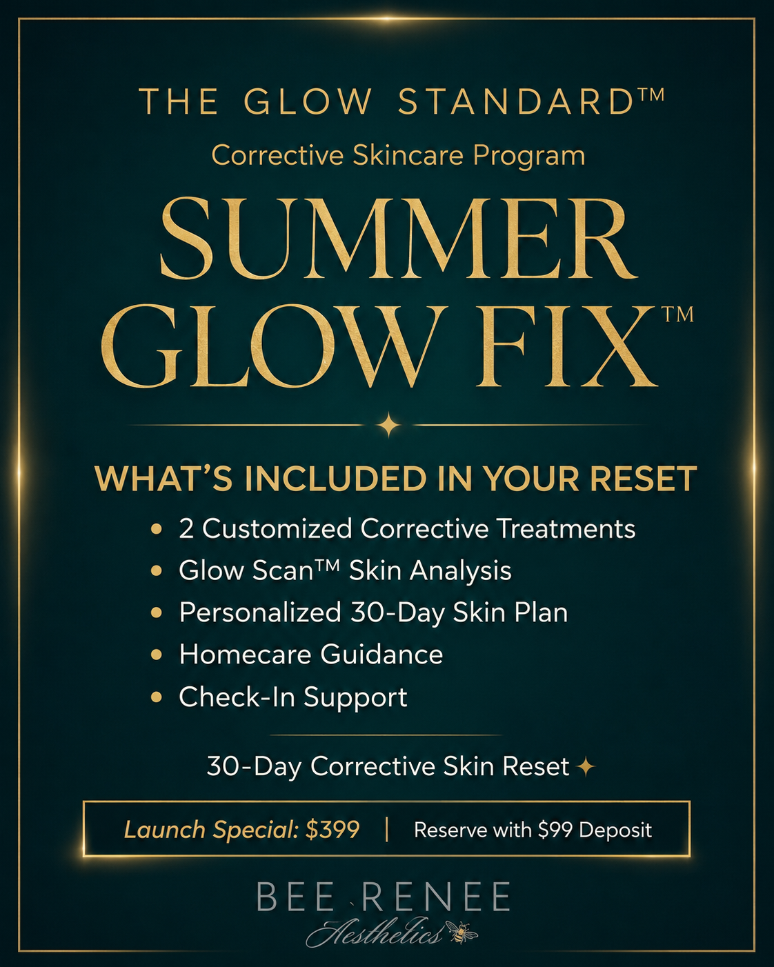 Summer Glow Fix corrective skincare program by Bee Renee Aesthetics for breakouts, dark marks, uneven skin tone, texture, dullness, and skin that feels stuck.