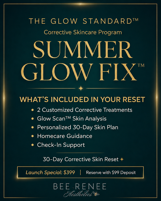 Summer Glow Fix corrective skincare program by Bee Renee Aesthetics for breakouts, dark marks, uneven skin tone, texture, dullness, and skin that feels stuck.