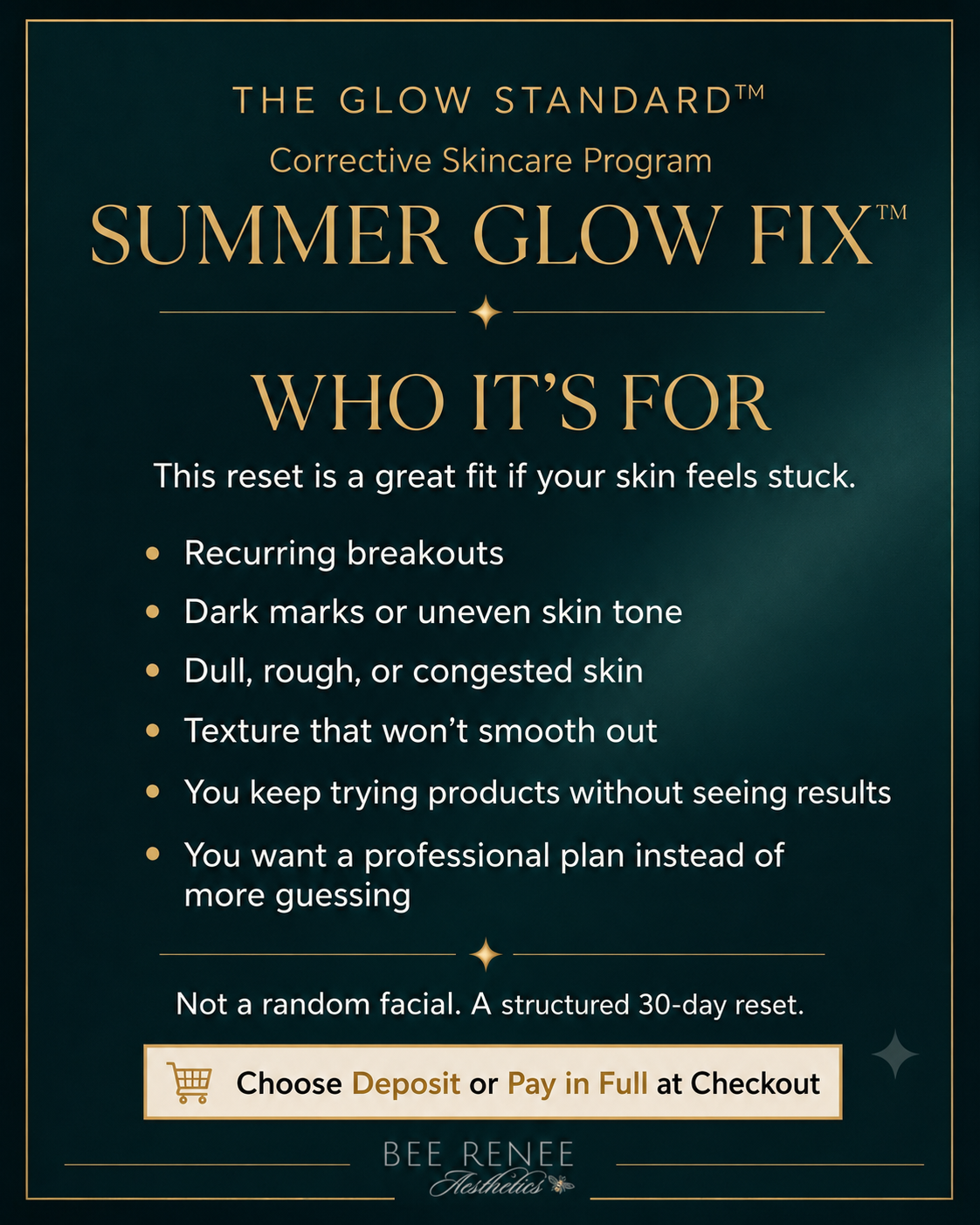 Summer Glow Fix is for clients dealing with recurring breakouts, dark marks, uneven skin tone, dull rough skin, congestion, texture, and products that are not giving results.