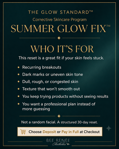 Summer Glow Fix is for clients dealing with recurring breakouts, dark marks, uneven skin tone, dull rough skin, congestion, texture, and products that are not giving results.
